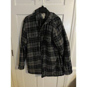 LL Bean Flannel Shirt L Tall Sherpa Fleece Lined Plaid Button Up Hoodie Black